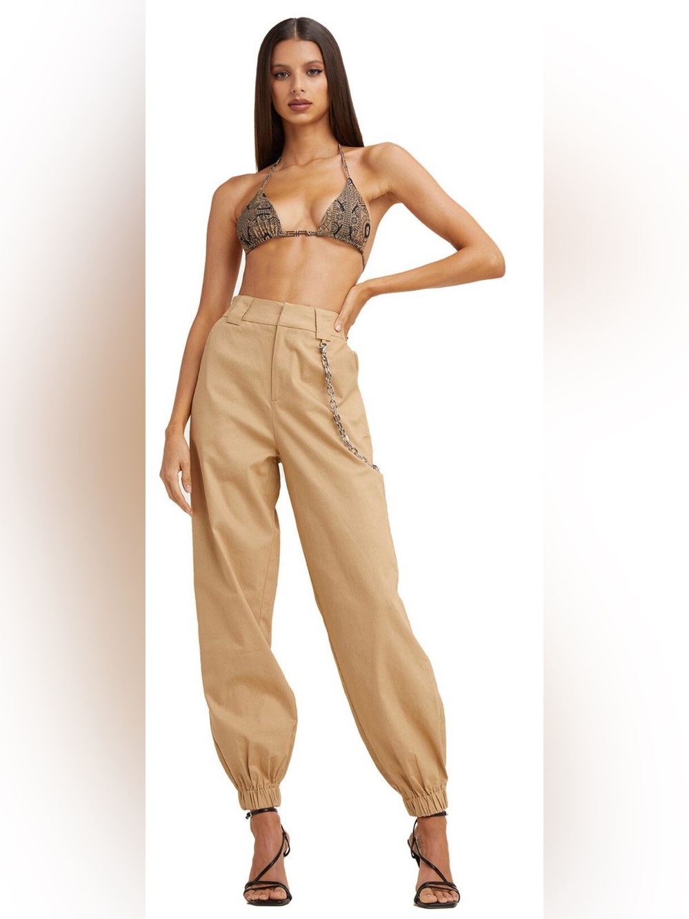 NWT I.AM.GIA. Cobain Cargo Pants tan high waisted relaxed fit cuffed bands chain